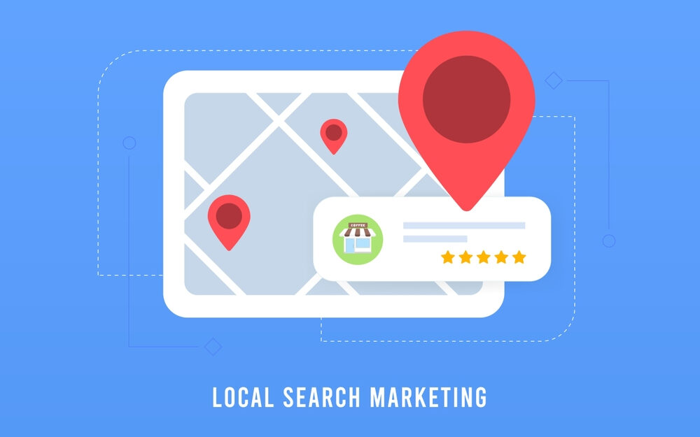 Digital illustration of local search marketing concept, showing a smartphone screen with a map, location pins, and a business profile with five-star reviews.