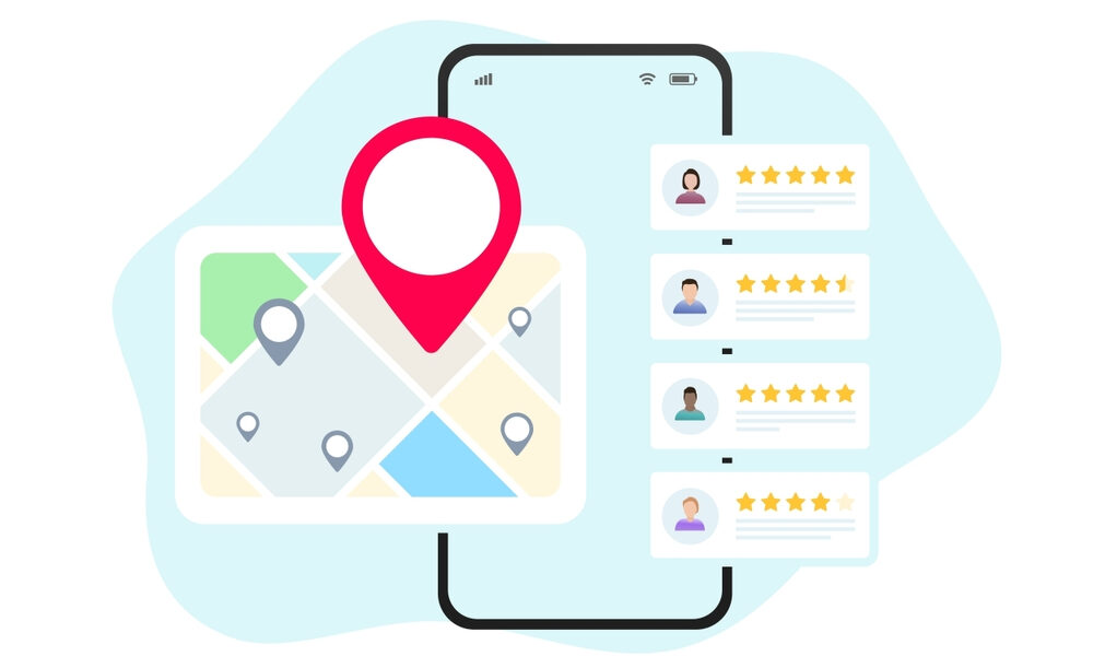 Digital graphic of a smartphone displaying a map with a location pin and multiple customer reviews, symbolizing online business reviews and local search visibility.