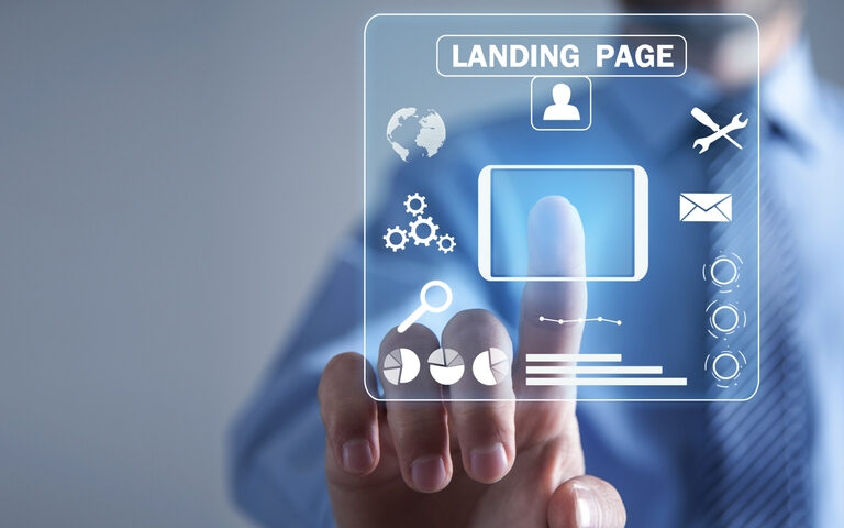 A business professional interacts with a digital interface displaying icons related to landing page elements, including tools, graphs, email, and a prominent call-to-action button.