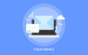 Illustration of a large envelope emerging from a laptop screen with surrounding icons representing growth and a thermometer indicating 'cold emails.' The background is blue with the text 'COLD EMAILS' at the bottom.