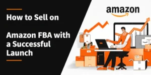 Amazon seller working on laptop surrounded by Amazon packages with upward trending sales graph, symbolizing successful Amazon FBA ecommerce business launch.