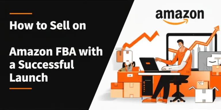 Amazon seller working on laptop surrounded by Amazon packages with upward trending sales graph, symbolizing successful Amazon FBA ecommerce business launch.