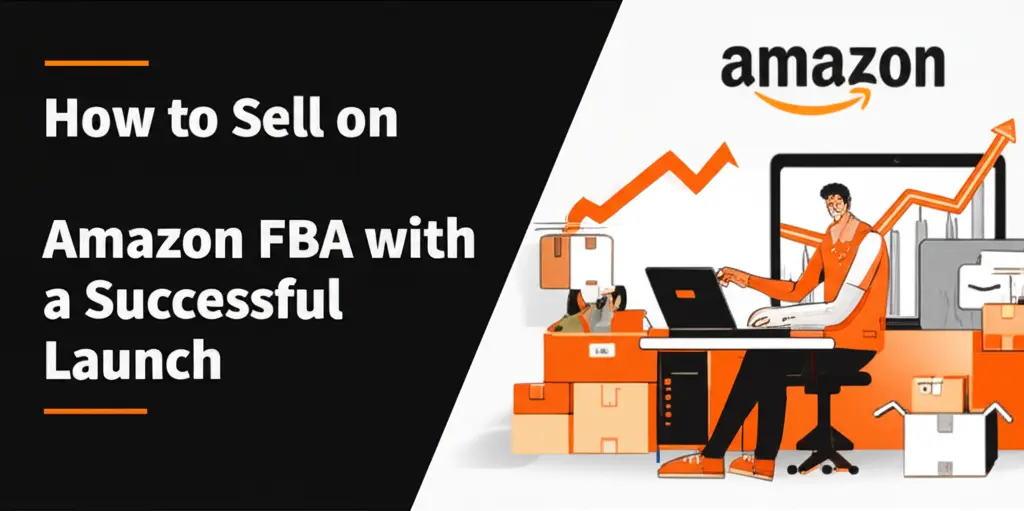 Amazon seller working on laptop surrounded by Amazon packages with upward trending sales graph, symbolizing successful Amazon FBA ecommerce business launch.